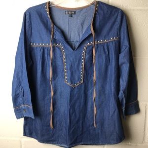 Hannah Petite Studded Blue Denim Boho Tunic Top